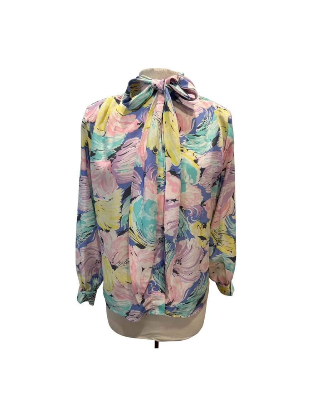 Vintage Balenciaga Paris Pastel Floral Bow Blouse Size 6 Watercolor Secretary To - Picture 2 of 11